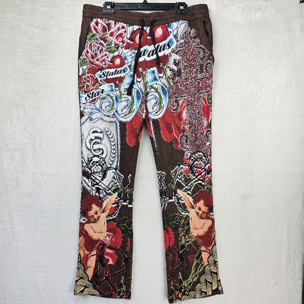 Star Status Club Tapestry Pants Mens Large Multi Color Woven Angel Roses Cross